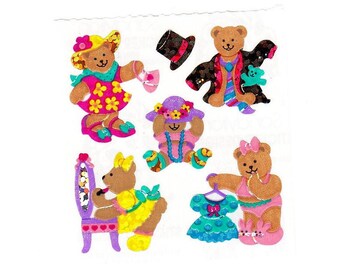 Teddy Bear Dress Up Vintage Sandylion Glitter Sticker Mod - Prism Cute Teddies Playing Mirror Clothes Suit Hat Collectible