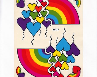 Rare JUMBO Vintage BJ Vinyl Rainbow Heart Balloons Sticker Sheet - 8 Inch - 80's Love Balloon Collectible Decal Specialties