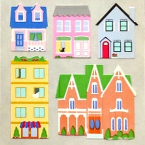 May include: A collection of six colorful paper houses with various architectural styles, including a two-story house with a green roof, a single-story house with a pink facade, and a blue house with a white porch.