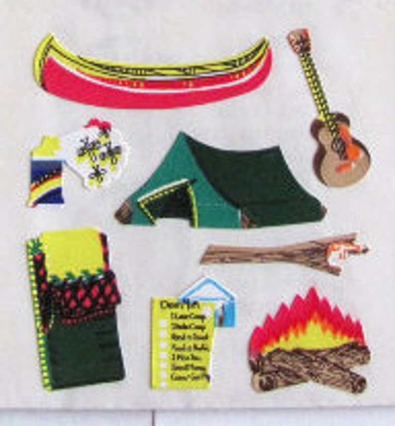 Vintage Sandylion Camping Kromekote Sticker Mod - Tent Canoe Campfire Fire Bug Spray Guitar Scouts Sleeping Bag Fire Scrapbook Teacher 