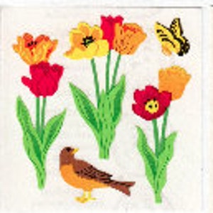 Lentetulp bloemen vintage Sandylion Kromekote stickers - 80's vlinder vogeltulpen bol Robin Nest Collectible