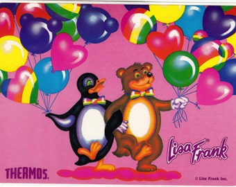 Huge Vintage Lisa Frank Dancing Penguin and Bear with Balloons Sticker Sheet - 80's Retro Pink Thermos Jumbo Scrapbook Illustration