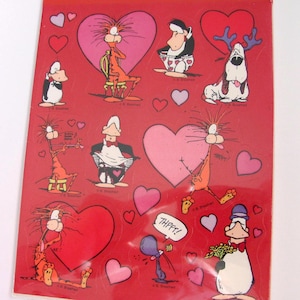 May include: A red sticker sheet featuring various cartoon characters, including an orange creature, a penguin, and a dog with antlers, interspersed with pink and red heart shapes. Some characters are shown with speech bubbles containing the text THPFT.