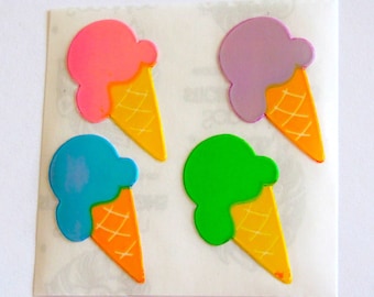Rare Vintage Sandylion Pearl Finish Ice Cream Cone Stickers - 80's Pearly MOP Opal Strawberry Raspberry Lime Blueberry Cherry