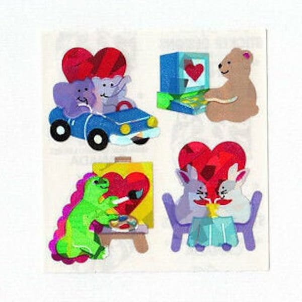 Animals in Love Vintage Sandylion Prism Sticker Mod - Heart Elephant Dinosaur Bunny Rabbit Teddy Bear Dino Artist Collectible