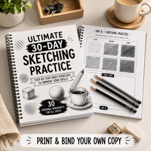 Beginner art sketchbook PDF with daily drawing prompts, texture studies, shading techniques, and printable practice worksheets