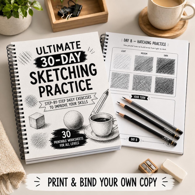 Beginner art sketchbook PDF with daily drawing prompts, texture studies, shading techniques, and printable practice worksheets