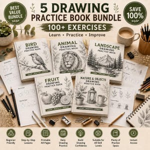May include: A 5-book drawing practice bundle featuring titles for birds, animals, landscapes, fruit, and nature objects. Each book includes step-by-step exercises with the text Learn, Practice, Improve. Includes loose practice sheets, pencils, and clips.