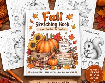 Può includere: Un libro di schizzi autunnali con un'illustrazione di copertina raffigurante una zucca, girasoli, una tazza con l'etichetta Hello Fall e libri impilati. Il libro è circondato da quattro fogli di disegno didattici intitolati Pumpkin, Autumn Leaves, Cozy Mug e Woodland Friends.