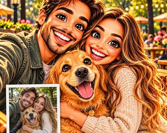 Può includere: Un'illustrazione digitale stilizzata di una coppia sorridente con lunghi capelli castani e un cane golden retriever. La coppia indossa abiti casual e il cane ha una piccola medaglietta circolare sul collare. È visibile una piccola foto quadrata.