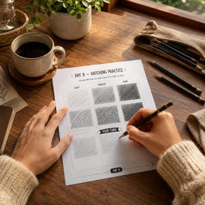 May include: A white paper worksheet titled Day 8 Hatching Practice with printed grids showing light, medium, and dark shading techniques. The sheet includes a section labeled Your Turn for drawing practice, with a pencil held over the paper.