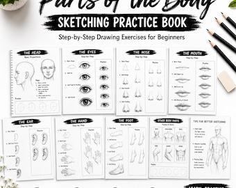 Può includere: Un libro di esercizi di disegno intitolato Parts of the Body Sketching Practice Book per principianti. Le pagine presentano illustrazioni in bianco e nero di teste, occhi, nasi, bocche, orecchie, mani, piedi e altre parti del corpo.