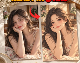 Può includere: Un annuncio di servizio digitale con il testo READY IN 6 HRS. L'immagine mostra un confronto fianco a fianco tra un ritratto fotografico e un'illustrazione in stile anime di una persona con lunghi capelli scuri che indossa un top floreale.