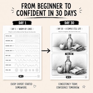Printable drawing workbook featuring 30-day sketching challenges, line practice, hatching, cross-hatching, and shading exercises