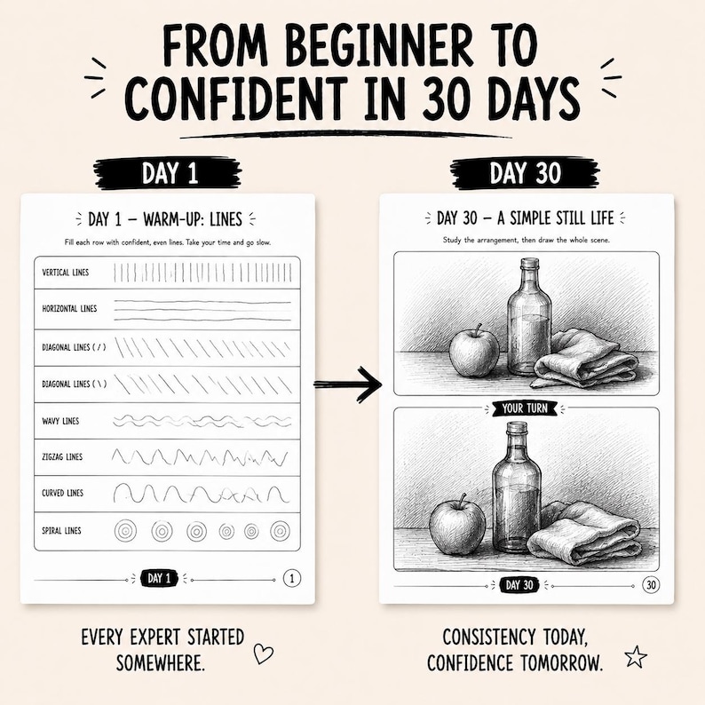 Printable drawing workbook featuring 30-day sketching challenges, line practice, hatching, cross-hatching, and shading exercises
