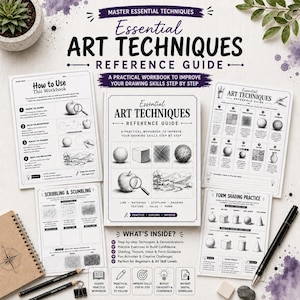 May include: A collection of printed instructional art workbook pages titled Essential Art Techniques Reference Guide. The sheets feature black and white diagrams, drawing exercises, shading examples, and text instructions for developing drawing skills.