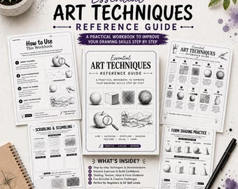 May include: A collection of printed instructional art workbook pages titled Essential Art Techniques Reference Guide. The sheets feature black and white diagrams, drawing exercises, shading examples, and text instructions for developing drawing skills.