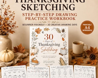 Può includere: Un quaderno di esercizi di disegno passo dopo passo intitolato 30 Days of Thanksgiving Sketching, con una copertina bianca illustrata con zucche, foglie e una torta. Include quattro pagine di istruzioni con i passaggi per disegnare zucche, tacchini, foglie e candele.