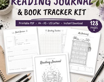 Può includere: Un kit stampabile per diario di lettura e tracciamento libri con 128 pagine. Il kit include fogli per recensioni di libri, tracker di lettura e un'illustrazione di libreria. Il testo recita Ultimate Reading Journal & Book Tracker Kit.