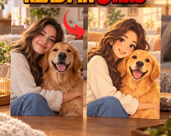 Può includere: Un servizio di ritratti personalizzati che mostra un'immagine fotografica di una persona che abbraccia un golden retriever accanto a un'illustrazione in stile anime della stessa coppia. Il testo READY IN 6 HRS è in lettere gialle e rosse.