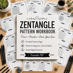 May include: A white Zentangle Pattern Workbook with black text reading Zentangle Pattern Workbook, Trace, Practice, Draw Your Own, Printable Practice Pages, Perfect for Beginners, Teens & Adults, Instant Digital Download, and Printable PDF.