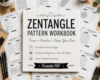 Può includere: Un quaderno di esercizi Zentangle Pattern Workbook bianco con testo nero che recita Zentangle Pattern Workbook, Trace, Practice, Draw Your Own, Printable Practice Pages, Perfect for Beginners, Teens & Adults, Instant Digital Download e Printable PDF.