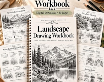 Può includere: Un quaderno di esercizi di disegno paesaggistico con rilegatura a spirale di 30 pagine, con illustrazioni in bianco e nero di montagne, foreste e cascate. La copertina riporta il titolo Landscape Drawing Workbook e il testo Learn, Practice & Create Beautiful Landscapes Step by Step.