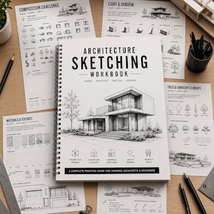 Puede incluir: Un cuaderno de ejercicios de bocetos de arquitectura con encuadernación en espiral y cubierta blanca que muestra un dibujo lineal negro de una casa moderna. La cubierta incluye el texto Architecture Sketching Workbook y A Complete Practice Guide.
