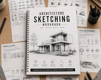 Può includere: Un quaderno di esercizi per schizzi di architettura con rilegatura a spirale e copertina bianca che presenta un disegno a linee nere di una casa moderna. La copertina include il testo Architecture Sketching Workbook e A Complete Practice Guide.