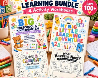 Può includere: Un pacchetto di apprendimento prescolare contenente quattro quaderni di esercizi intitolati My Big Preschool & Kindergarten, My Big Little Learning Adventure, Trace & Complete the Picture e What Happens Next, circondati da pastelli e blocchi colorati.
