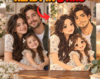 Può includere: Un confronto fianco a fianco che mostra una fotografia realistica di una famiglia di tre persone a sinistra e un'illustrazione digitale in stile anime della stessa famiglia a destra. Il testo READY IN 6 HRS è visualizzato in rosso e giallo.