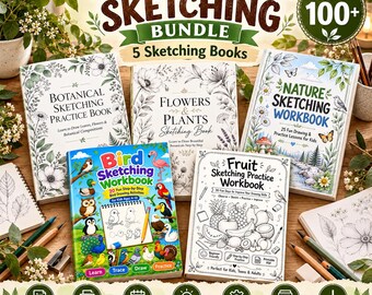 Può includere: Un set di quaderni per schizzi sulla natura composto da cinque libri: Botanical Sketching Practice Book, Flowers & Plants Sketching Book, Nature Sketching Workbook, Bird Sketching Workbook e Fruit Sketching Practice Workbook, con vari strumenti da disegno.