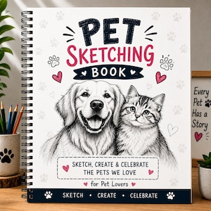 Może przedstawiać: Spiralny szkicownik z białą okładką z czarno-białą ilustracją psa i kota. Tekst zawiera napisy PET SKETCHING BOOK, SKETCH, CREATE & CELEBRATE THE PETS WE LOVE, for Pet Lovers oraz SKETCH CREATE CELEBRATE.