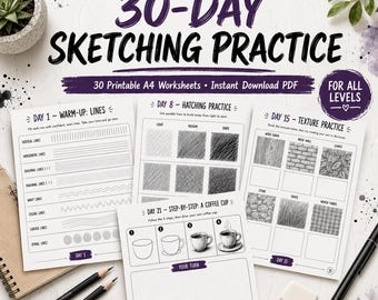 30-Day Sketching Practice Workbook, Printable Drawing Exercises PDF, Hatching, Shading, Texture Worksheets for Beginners Art
