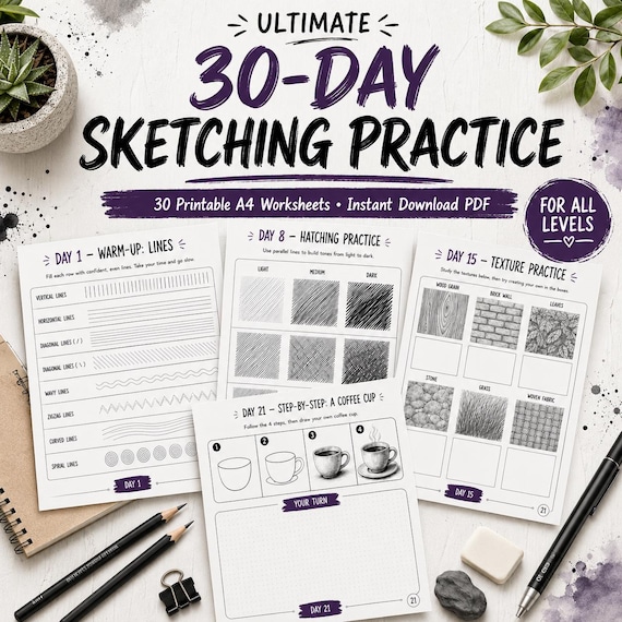 30-Day Sketching Practice Workbook, Printable Drawing Exercises PDF, Hatching, Shading, Texture Worksheets for Beginners Art