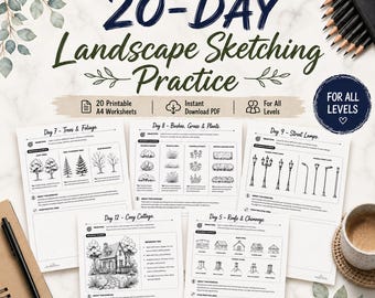 Può includere: Una guida pratica di 20 giorni per schizzi paesaggistici con fogli di lavoro A4 stampabili contenenti istruzioni per disegnare alberi, fogliame, cespugli, erba, piante, lampioni, cottage, tetti e camini, accompagnata da matite e una tazza.