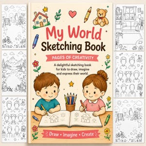 Może przedstawiać: Szkicownik zatytułowany My World Sketching Book z podtytułem Pages of Creativity. Okładka przedstawia chłopca i dziewczynkę rysujących w książce, w otoczeniu ilustracji domu, pluszowego misia, kredek i kwiatów na kremowym tle.