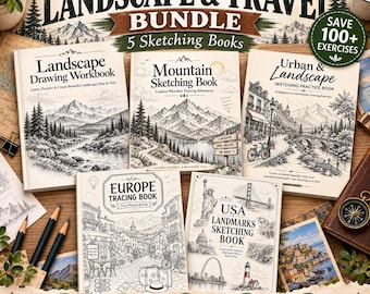 Può includere: Una raccolta di cinque libri di schizzi intitolata Landscape & Travel Bundle, che include Landscape Drawing Workbook, Mountain Sketching Book, Urban & Landscape Sketching Practice Book, Europe Tracing Book e USA Landmarks Sketching Book.