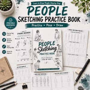 Op de afbeelding: Een People Sketching Practice Book werkboek met een witte kaft, zwarte tekst en illustraties van menselijke figuren. Het werkboek is omringd door diverse oefenbladen, een spiraalnotitieboek, twee zwarte potloden en een zwarte klem.