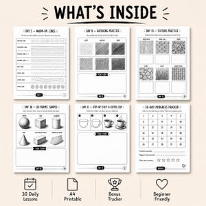 30-Day Sketching Practice Workbook printable PDF with drawing exercises, hatching, shading, and texture worksheets for beginners