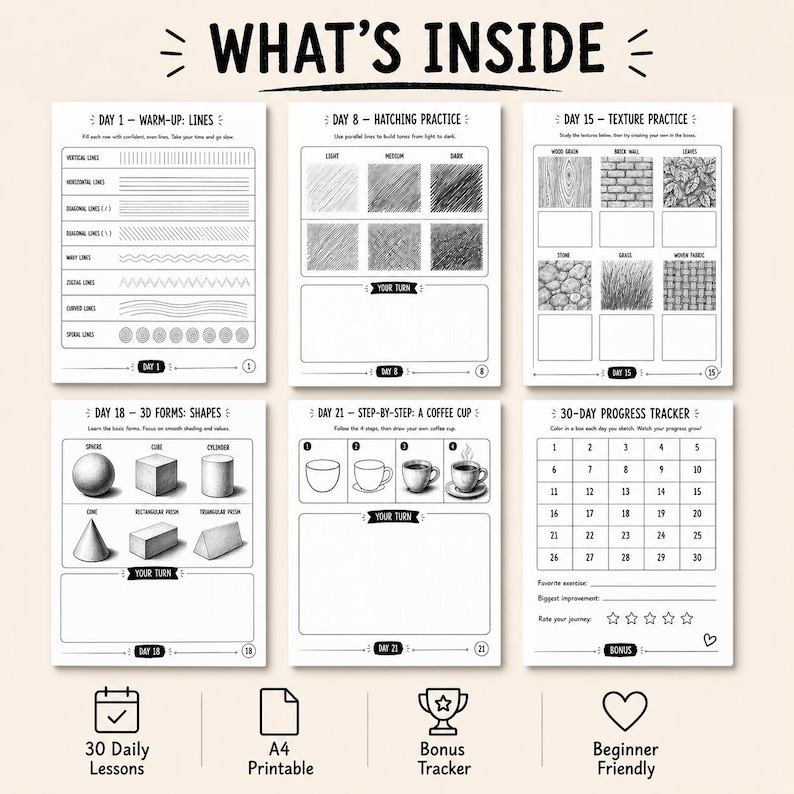 30-Day Sketching Practice Workbook printable PDF with drawing exercises, hatching, shading, and texture worksheets for beginners
