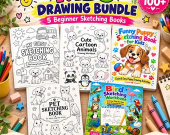 Può includere: Un set di disegno per bambini con cinque libri di schizzi per principianti, tra cui My First Sketching Book, Cute Cartoon Animals, Funny Puppy Sketching Book for Kids, Pet Sketching Book e Bird Sketching Workbook con illustrazioni colorate.