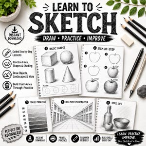 May include: A digital drawing tutorial guide titled Learn to Sketch with sections for basic shapes, step-by-step apple illustrations, value practice, one-point perspective, and still life. Includes icons for instant download and practice.