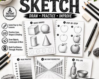 Può includere: Una guida al disegno digitale intitolata Learn to Sketch con sezioni per forme base, illustrazioni di mele passo dopo passo, pratica dei valori, prospettiva a un punto e natura morta. Include icone per il download.