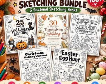 Può includere: Un set di quaderni da disegno Holiday Sketching Bundle che include cinque libri stagionali intitolati 25 Days of Halloween Sketching, 30 Days of Thanksgiving Sketching, Christmas in America, Christmas Sketching Workbook e Easter Egg Hunt.