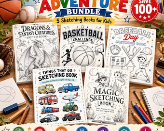 Può includere: Un pacchetto Sports & Adventure che include cinque libri da disegno per bambini intitolati Dragons & Fantasy Creatures, Basketball Challenge, Baseball Day, Things That Go e Magic Sketching Book, esposti con attrezzature sportive e matite.