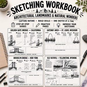 Puede incluir: Un cuaderno de bocetos titulado Architectural Landmarks & Natural Wonders que incluye guías paso a paso para dibujar el Golden Gate Bridge, el Gateway Arch, el Brooklyn Bridge y Old Faithful, con imágenes de referencia y áreas de práctica.