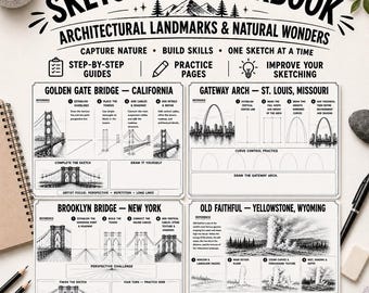 Può includere: Un quaderno di schizzi intitolato Architectural Landmarks & Natural Wonders che presenta guide passo dopo passo per disegnare il Golden Gate Bridge, il Gateway Arch, il Brooklyn Bridge e Old Faithful, con immagini di riferimento e spazi per esercitarsi.