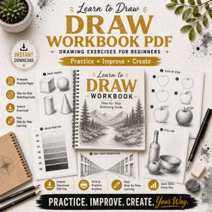 May include: A digital drawing workbook PDF featuring step-by-step sketching guides, basic shapes, value practice charts, one-point perspective lessons, and still life exercises. The cover displays a mountain landscape with the text Learn to DRAW WORKBOOK.