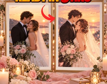 Può includere: Due ritratti di matrimonio incorniciati che mostrano una coppia in abiti formali con uno sfondo costiero al tramonto. La cornice a sinistra mostra una foto realistica, mentre quella a destra un'illustrazione in stile anime. Testo: READY IN 6 HRS.